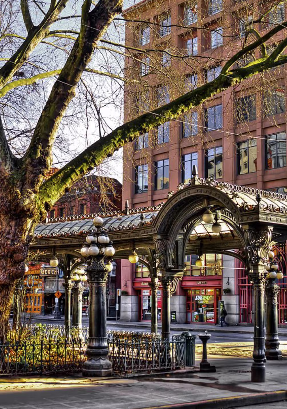 Pioneer Square pergola and historic Romanesque Revival buildings